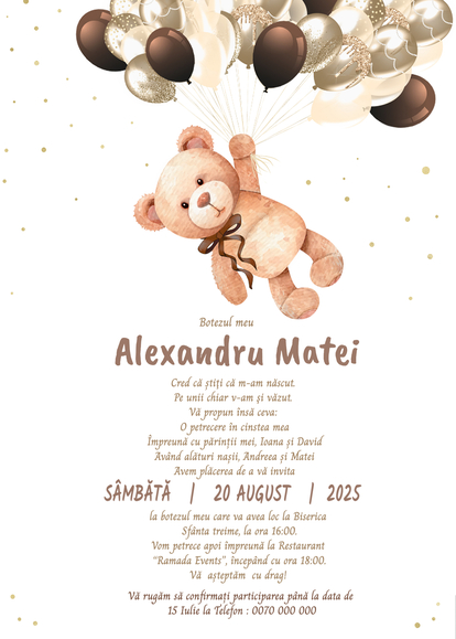 Invitație digitală botez Cuddly Bear