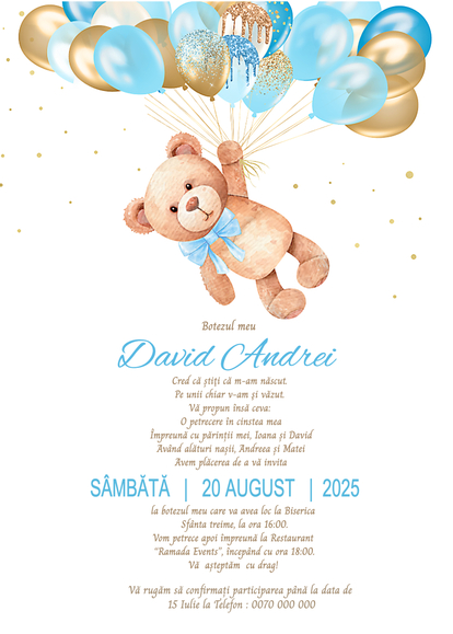 Invitație digitală botez The Sweet Teddy