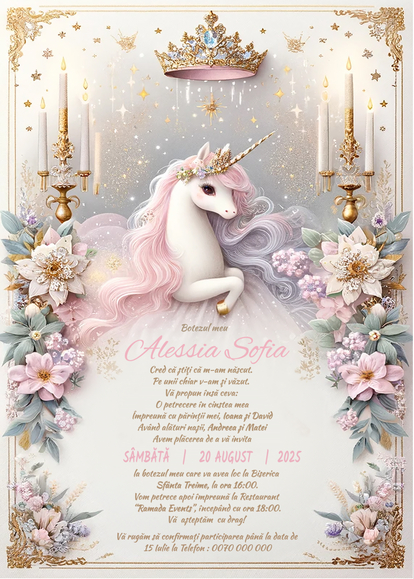 Invitație digitală botez Magical Unicorn