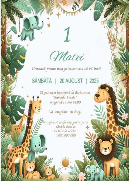 Invitație digitală aniversare Safari Animals