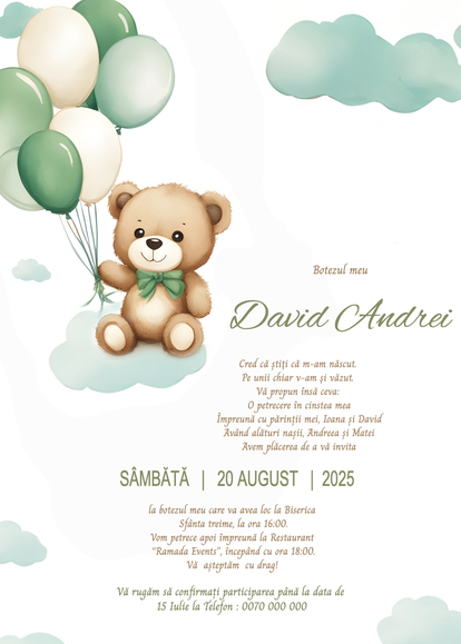 Invitație digitală botez Ursulețul Fericit