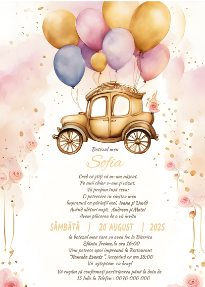 Invitație digitală botez Vintage Balloon Ride
